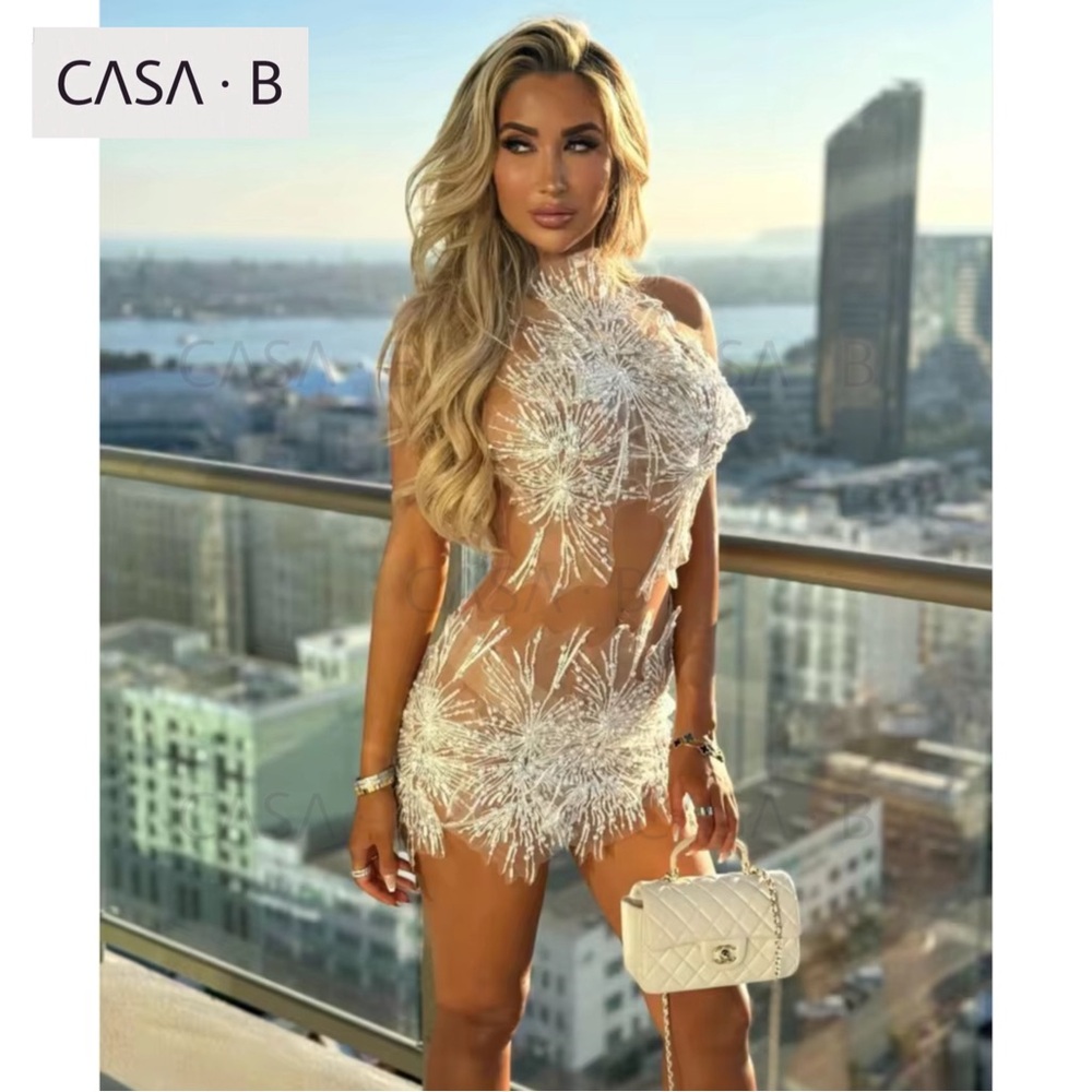 SOON💫to CASA B | The Estelle Rhinestone Pearl Mesh Mini Dress